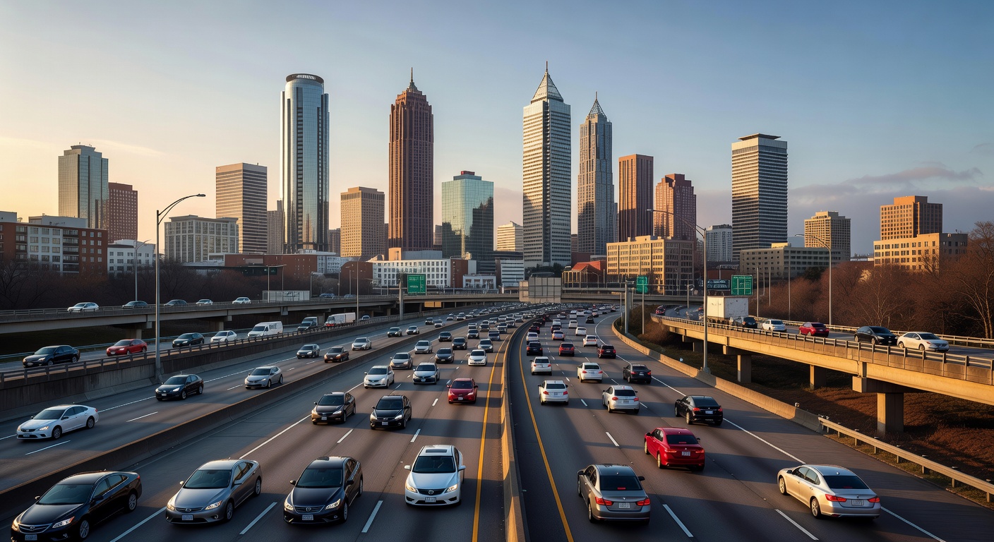 Atlanta skyline at sunrise with morning commute traffic