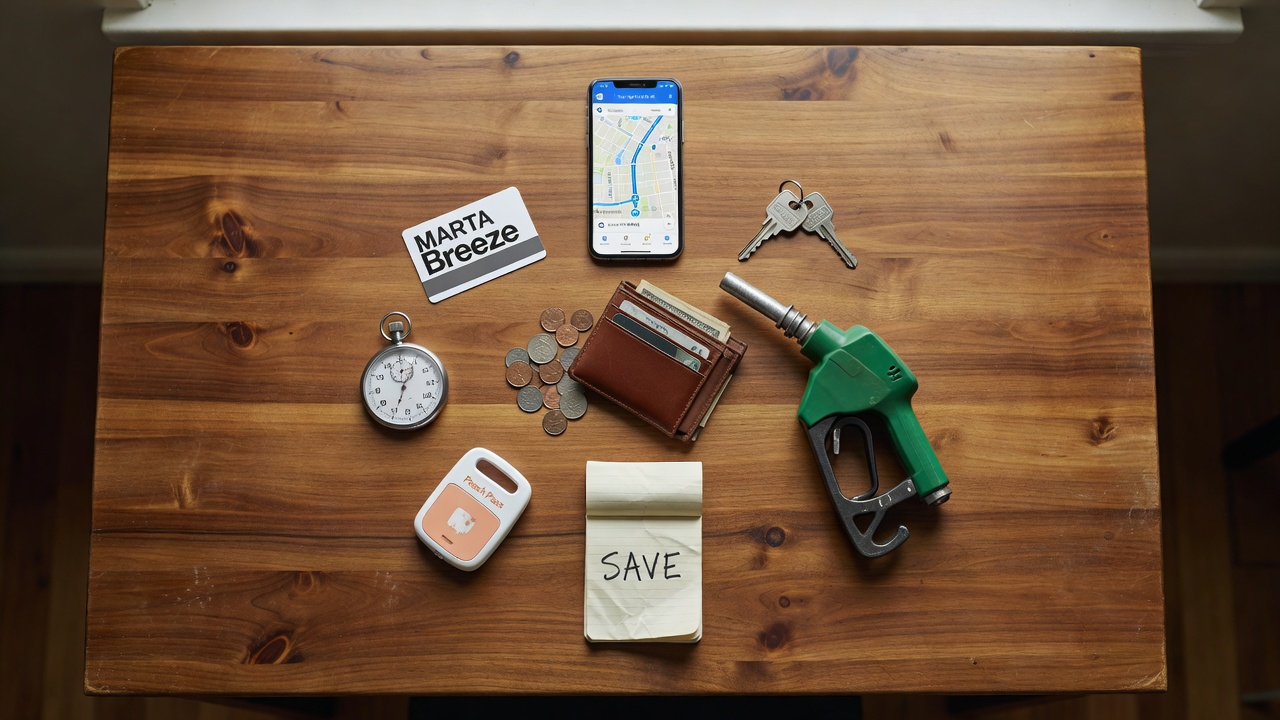 Bird's-eye view of cash, coins, calculator, car keys, and a smartphone showing a navigation app, arranged on a wooden desk