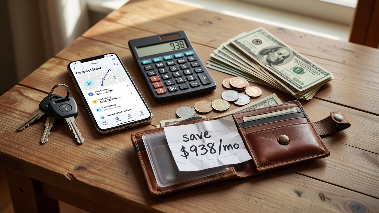 A flat-lay of car keys, smartphone showing a carpool app, calculator, cash, and a note reading Save $938/mo
