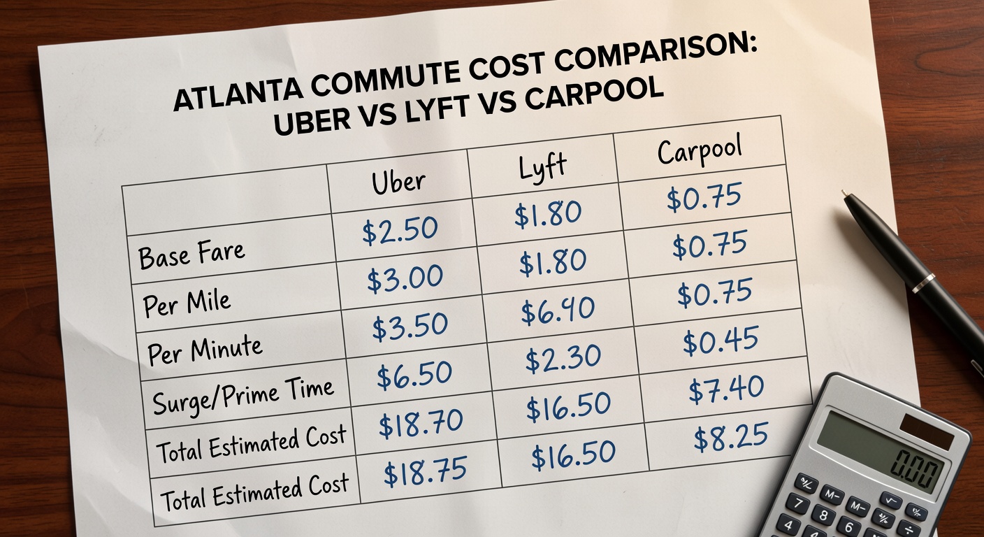Cost comparison chart showing Uber, Lyft, and carpool pricing for Atlanta commutes