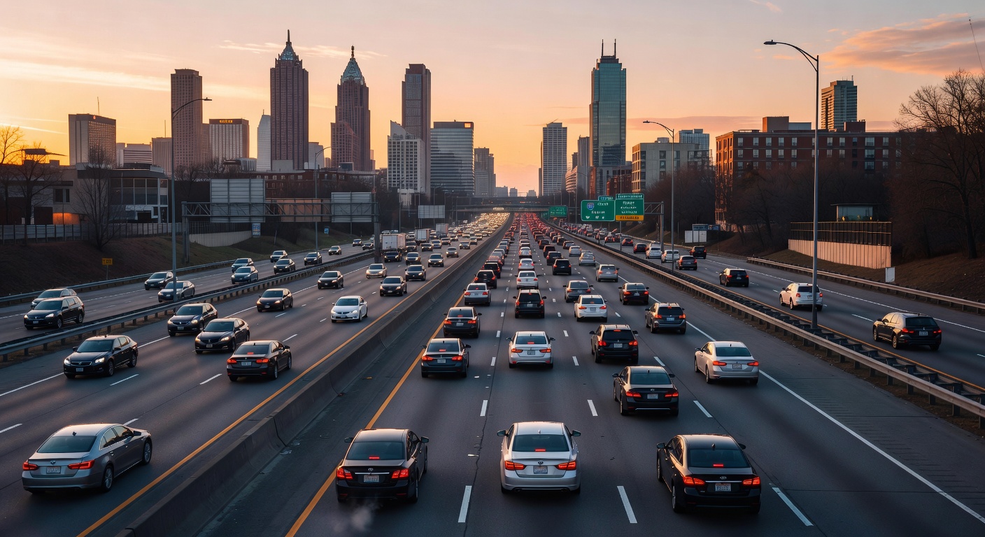 Atlanta skyline at sunrise with morning commute traffic on I-85