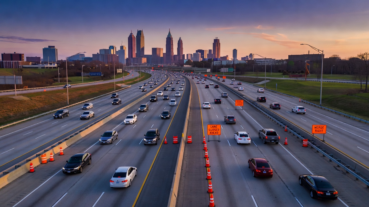 Aerial view of I-285 Atlanta interstate with construction barriers and commuter traffic on a clear morning