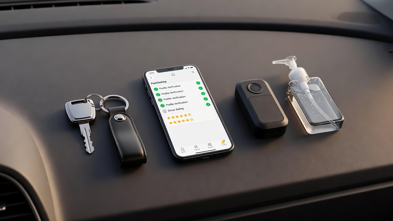 Car keys, smartphone showing a ride-matching app interface with verification checkmarks and rating stars, and hand sanitizer on a car dashboard