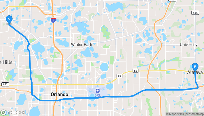 Route map from Lockhart to Alafaya