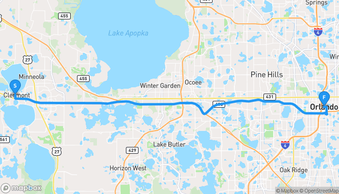 Route map from Clermont to Orlando