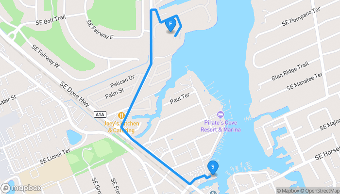 Route map from Two Georges Dockside Grille to 4116 Southeast Jib Lane