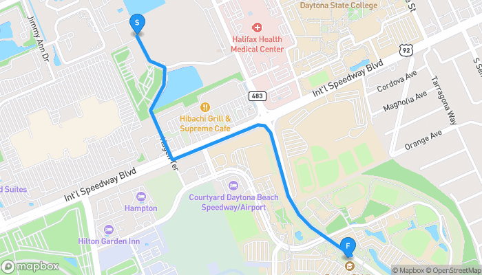 Route map from Onshore Daytona Apartments to Embry-Riddle Aeronautical University