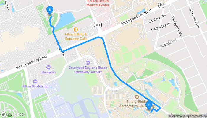 Route map from 1060 Halifax Medical Center Drive to 1 Aerospace Boulevard