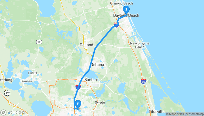 Route map from Daytona Beach to Maitland