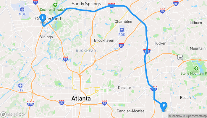 Route map from DoubleTree Suites by Hilton at The Battery Atlanta to 4345 Gregory Road