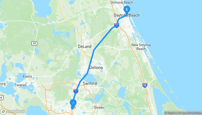 Route map from Daytona Beach to Altamonte Springs