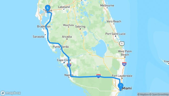 Route map from Tampa to Miami