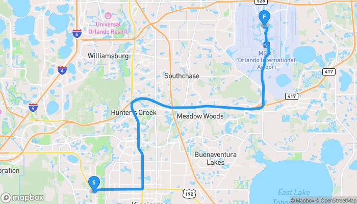 Route map from 4444 West Vine Street to Orlando International Airport