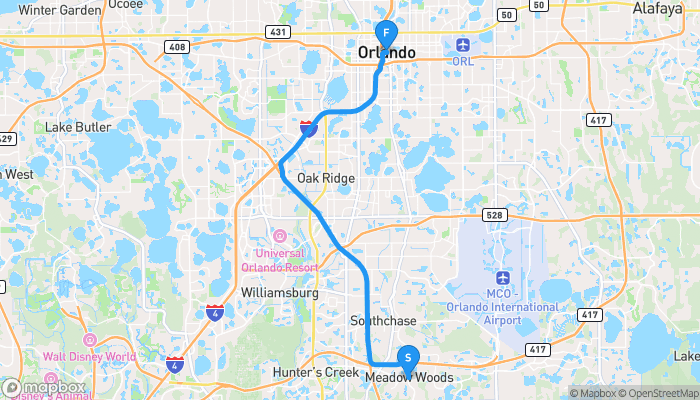 Route map from 32824 to Orlando