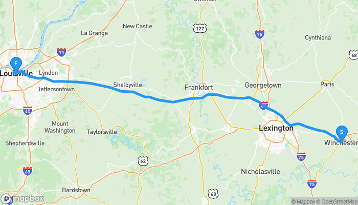 Route map from Winchester to Louisville