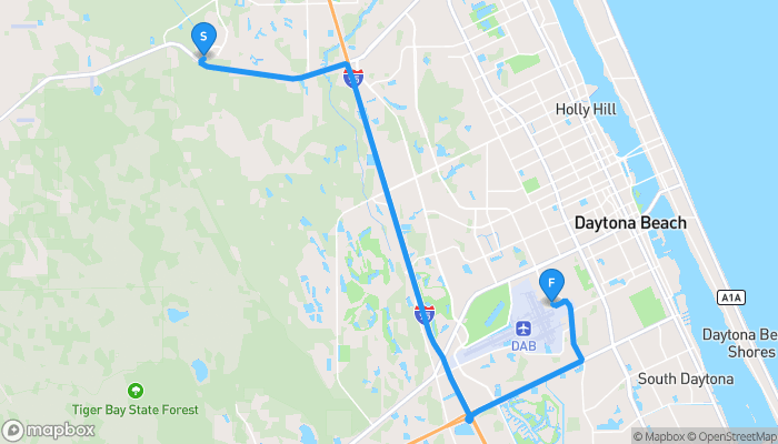 Route map from 100 Shadow Crossing Boulevard to Embry Riddle Aeronautical University Mail Center