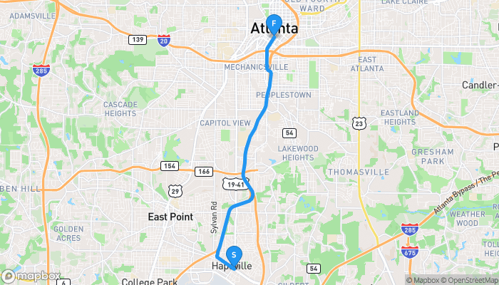 Route map from Hapeville to Atlanta