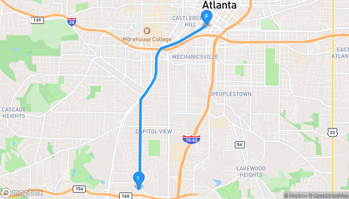 Route map from 2001 Sylvan Road to 226 Peachtree Street Southwest