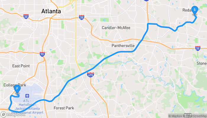 Route map from Albans Way to Hartsfield–Jackson Atlanta International Airport