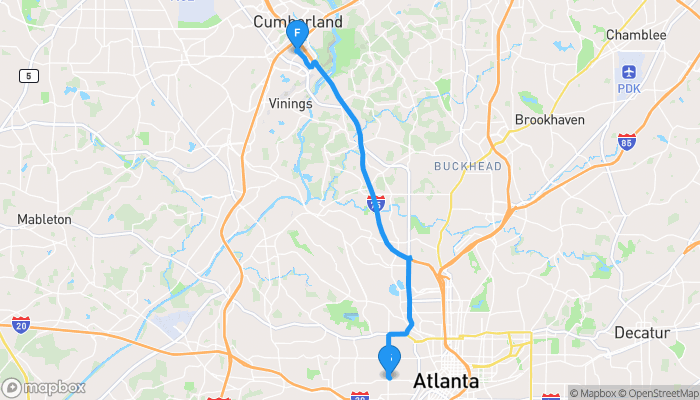 Route map from 870 Mayson Turner Road Northwest to 600 Galleria Parkway Southeast