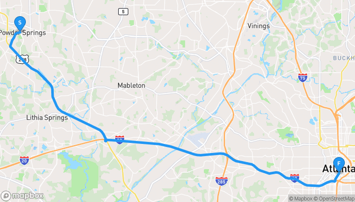 Route map from Powder Springs to Atlanta