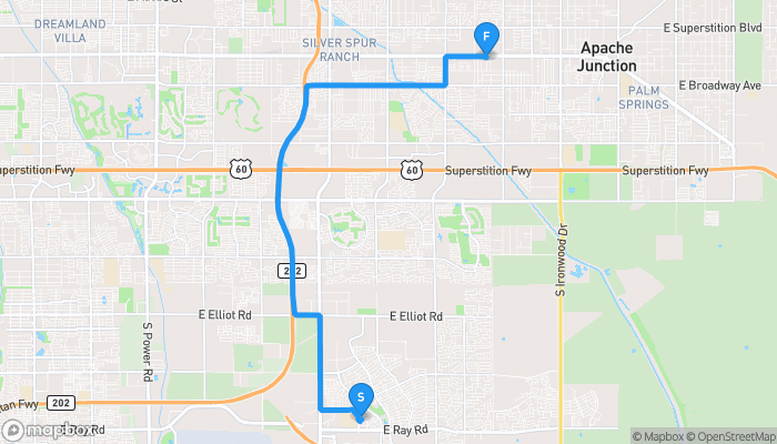 Route map from 9738 East Axle Avenue to 11343 East Apache Trail