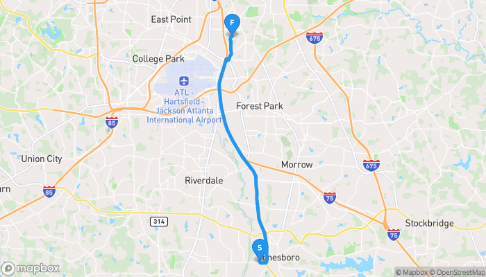 Route map from 681 Flint River Road to 179 Oak Drive Southwest