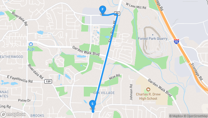 Route map from 6321 Highway 85 N to Airport South Parkway