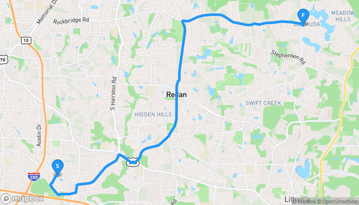 Route map from 4027 Green Hawk Trail to 380 South Deshon Road