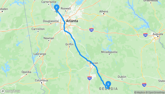 Route map from Georgia to Keegan's Public House