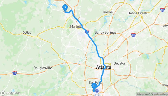 Route map from Kennesaw to Hartsfield–Jackson Atlanta International Airport