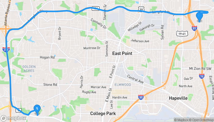Route map from 2892 Arlington Road to Pryor Road Southwest