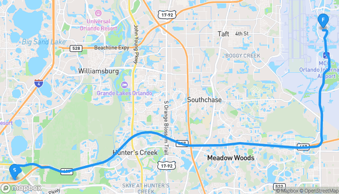 Route map from 14626 Gateway Point Circle to Orlando International Airport
