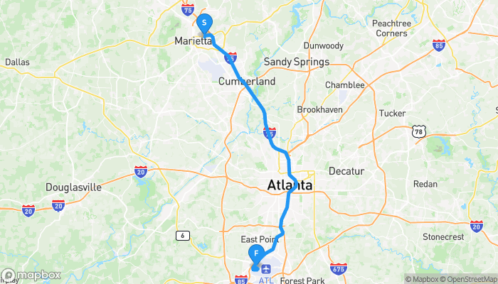 Route map from 285 Austin Avenue Northeast to Hartsfield–Jackson Atlanta International Airport