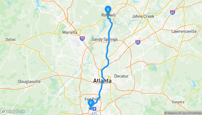 Route map from Roswell to Hartsfield–Jackson Atlanta International Airport