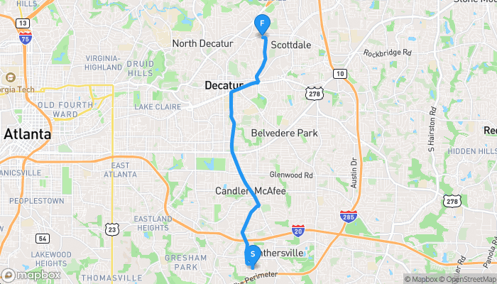 Route map from 2906 Cohassett Lane to 2801 North Decatur Road