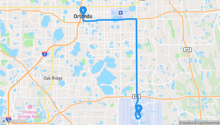 Route map from Downtown Orlando to Orlando International Airport