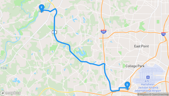 Route map from 2210 Sullivan Road to 6160 Boat Rock Boulevard Southwest