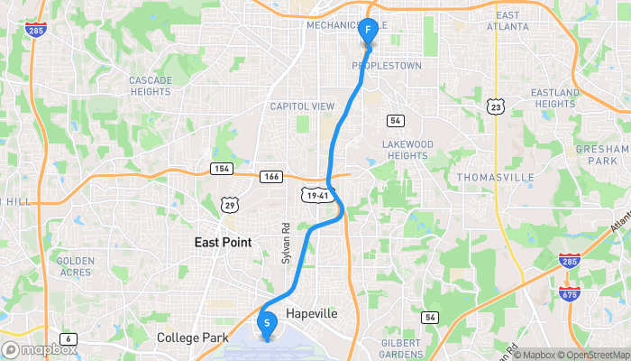 Route map from Signature Flight Support ATL to Comfort Inn Atlanta Downtown South