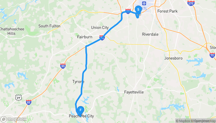 Route map from 5224 Crystal Lane to Peachtree City