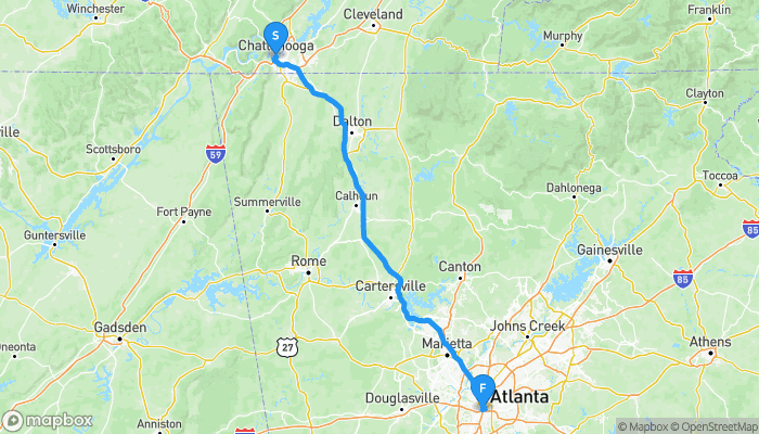 Route map from Chattanooga to Atlanta