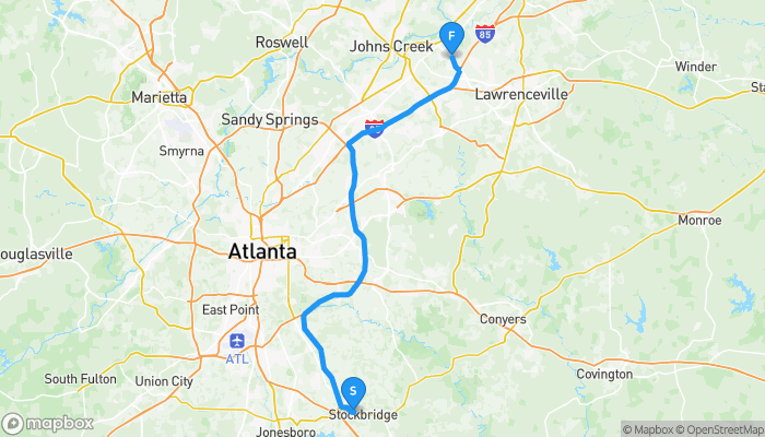 Route map from 5220 North Henry Boulevard to 6705 Sugarloaf Parkway