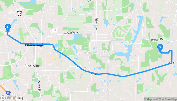 Route map from 605 Turnbill Drive to 250 Jonesboro Road