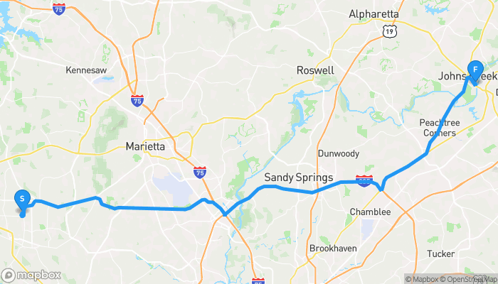 Route map from 2581 Jupiter Dr SW to Macy's Technology