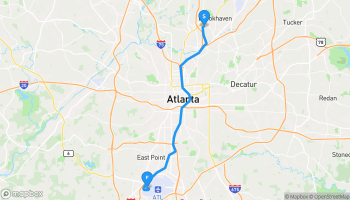 Route map from 3478 Lakeside Drive Northeast to Hartsfield–Jackson Atlanta International Airport