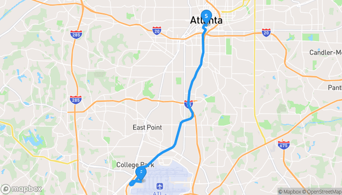 Route map from Atlanta to Domestic Terminal North, Hartsfield–Jackson Atlanta International Airport (ATL)