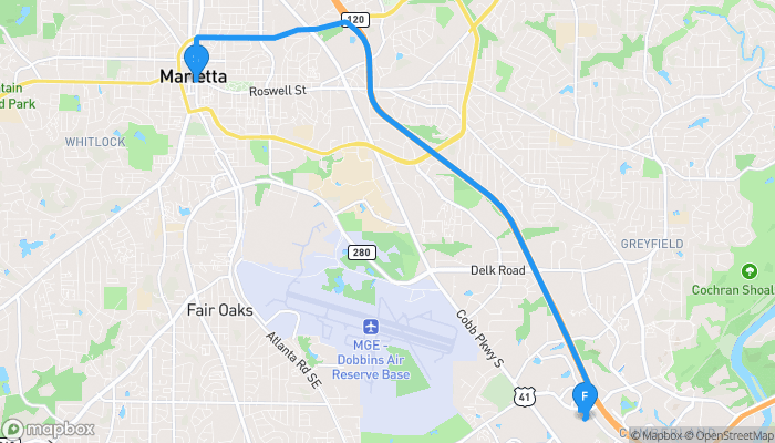 Route map from Marietta to 2682 Windy Hill Road Southeast