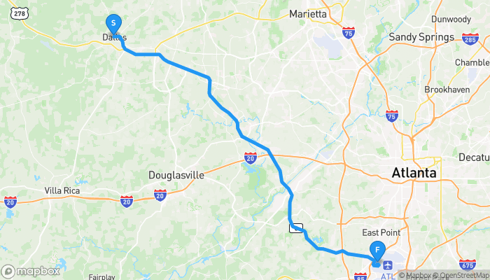 Route map from Dallas to Hartsfield–Jackson Atlanta International Airport
