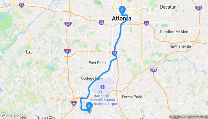 Route map from 5820 Sheldon Court to The Westin Peachtree Plaza Atlanta