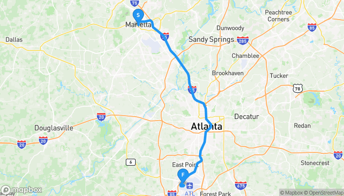 Route map from Marietta to Hartsfield–Jackson Atlanta International Airport